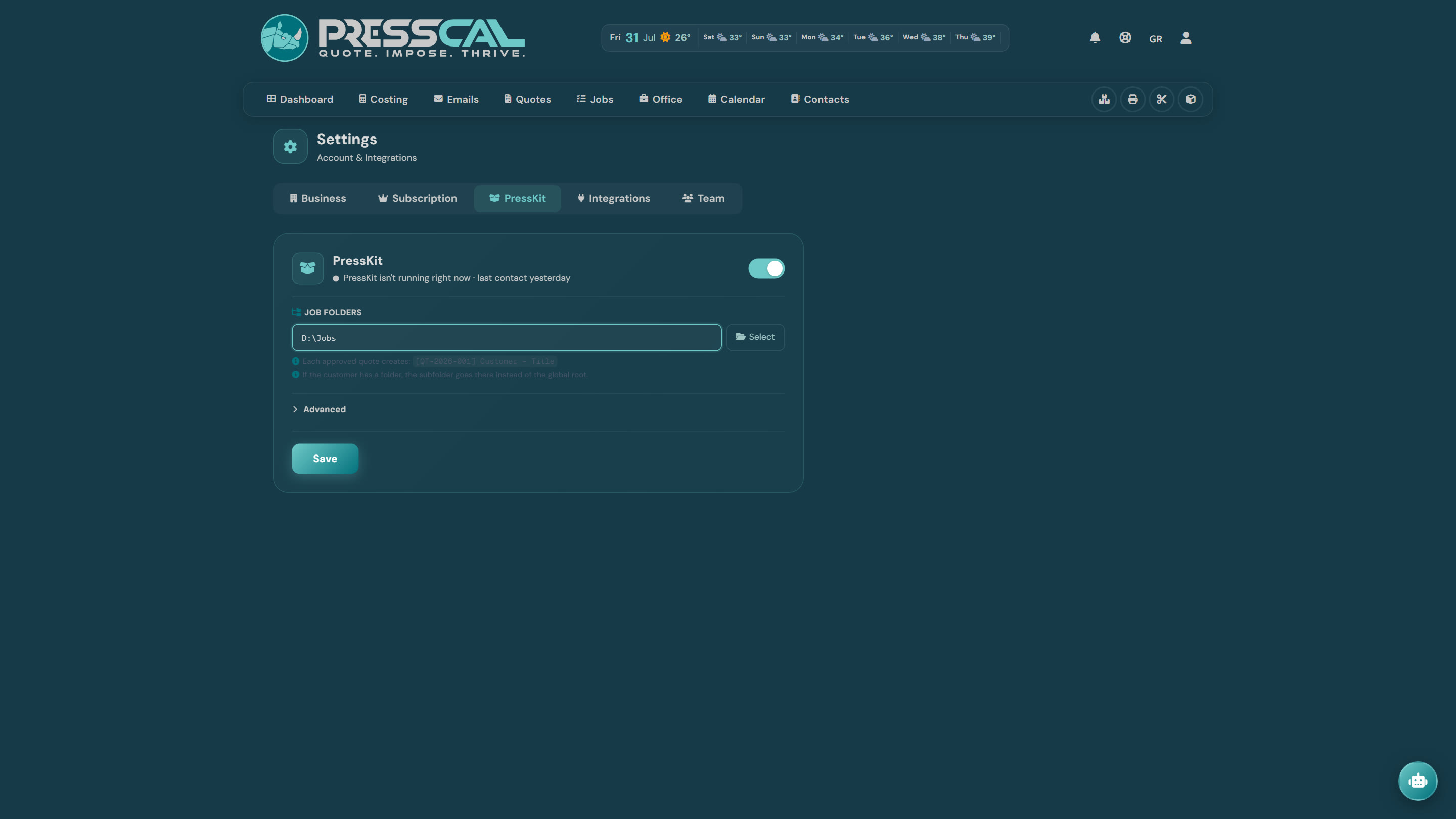 Ρυθμίσεις — καρτέλα PressKit